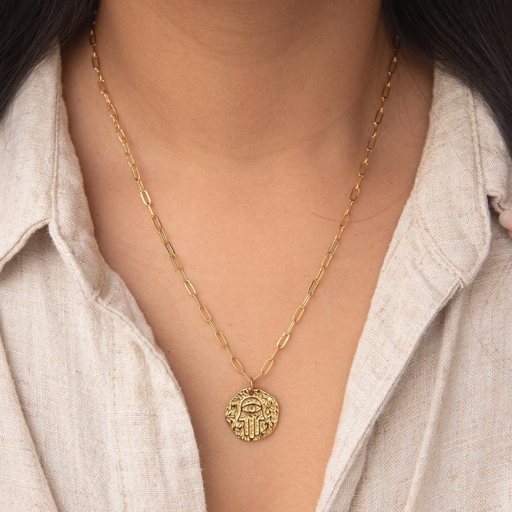 Gold Hamsa Hand Coin Necklace: 18K Stainless Steel Paperclip Chain